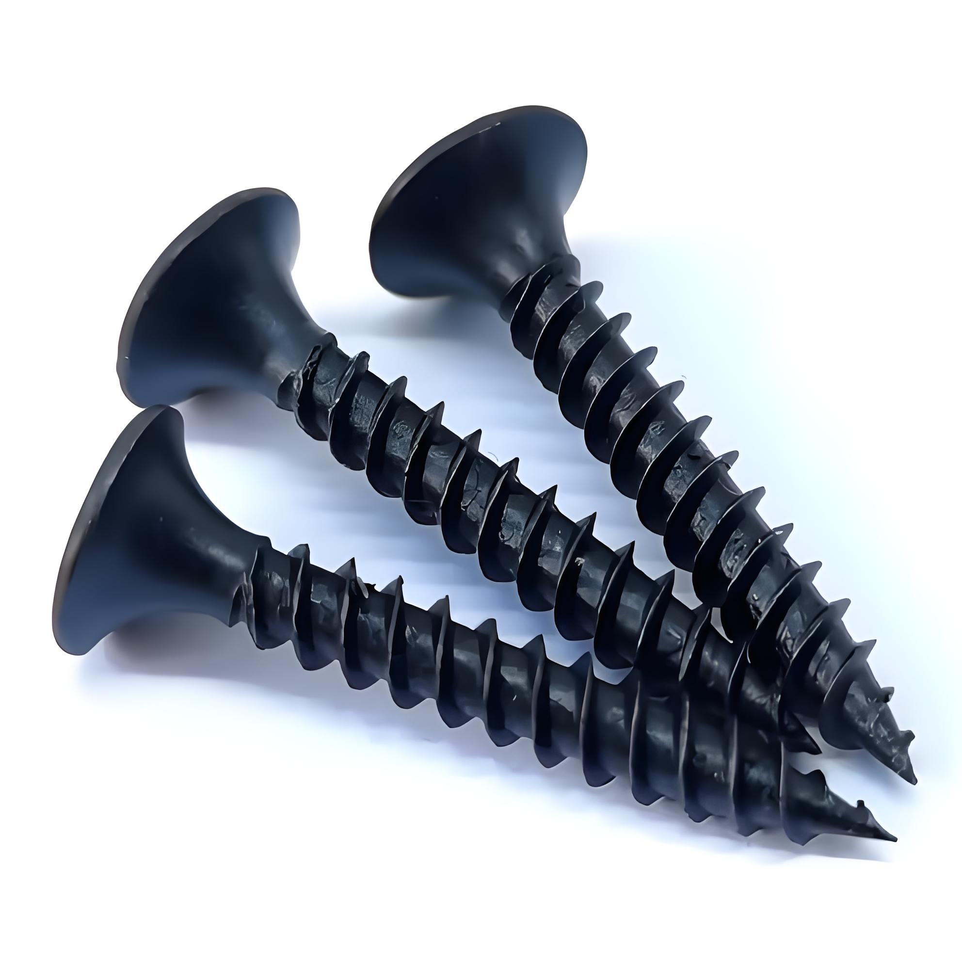 Double-threaded black phosphated drywall screws with flared heads